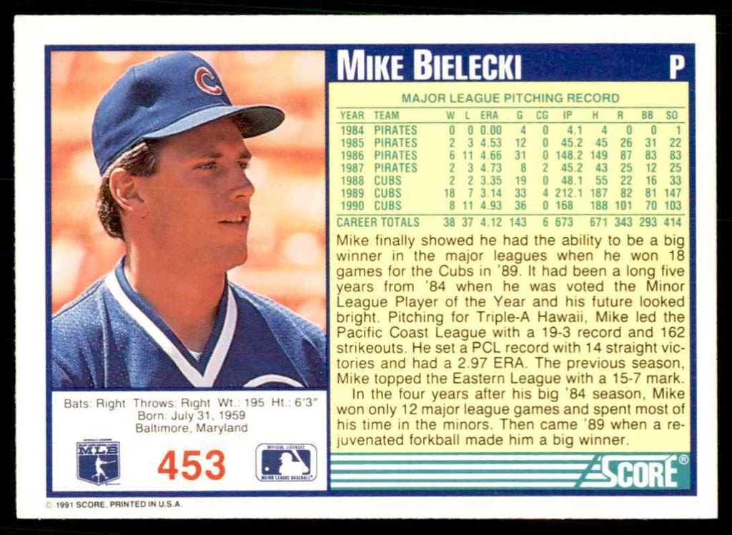1991 SCORE MIKE BIELECKI CHICAGO CUBS #453