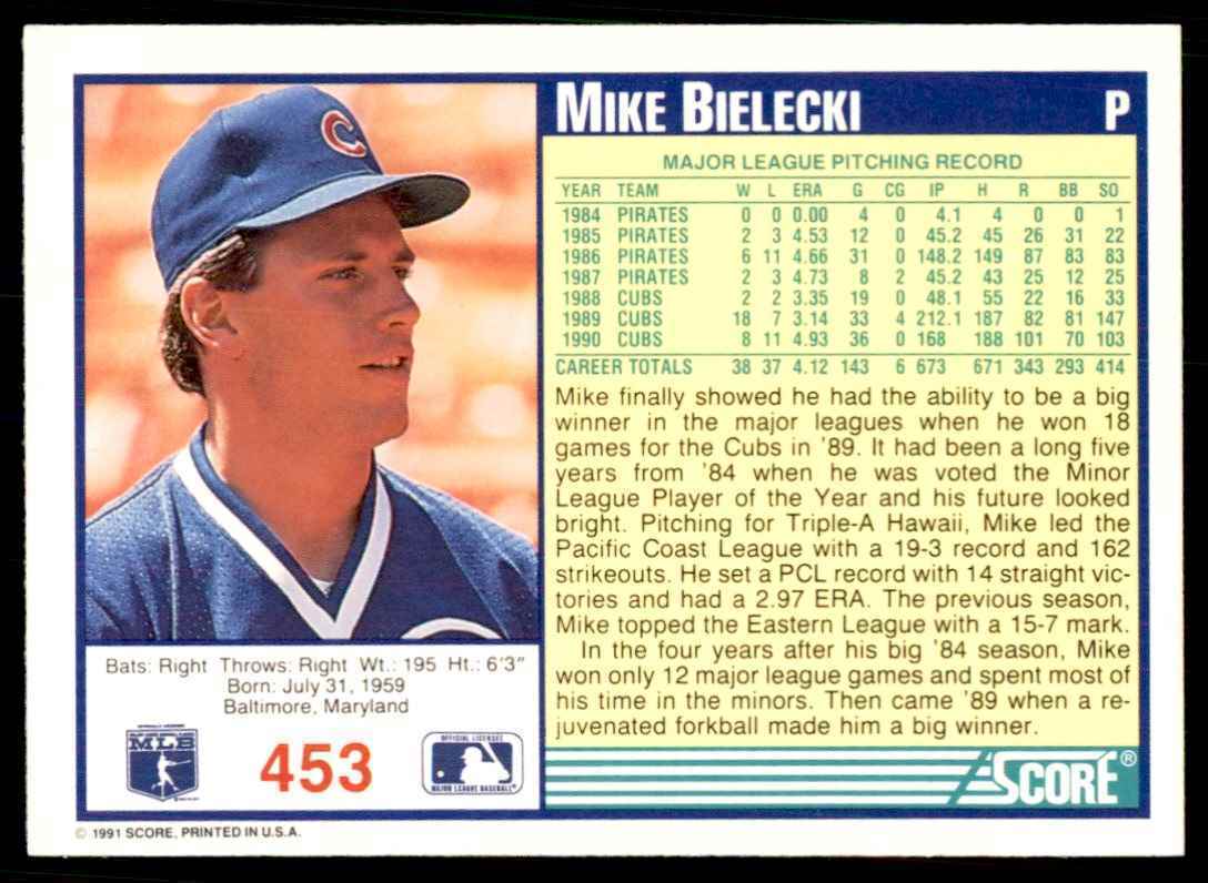 1991 SCORE MIKE BIELECKI CHICAGO CUBS #453