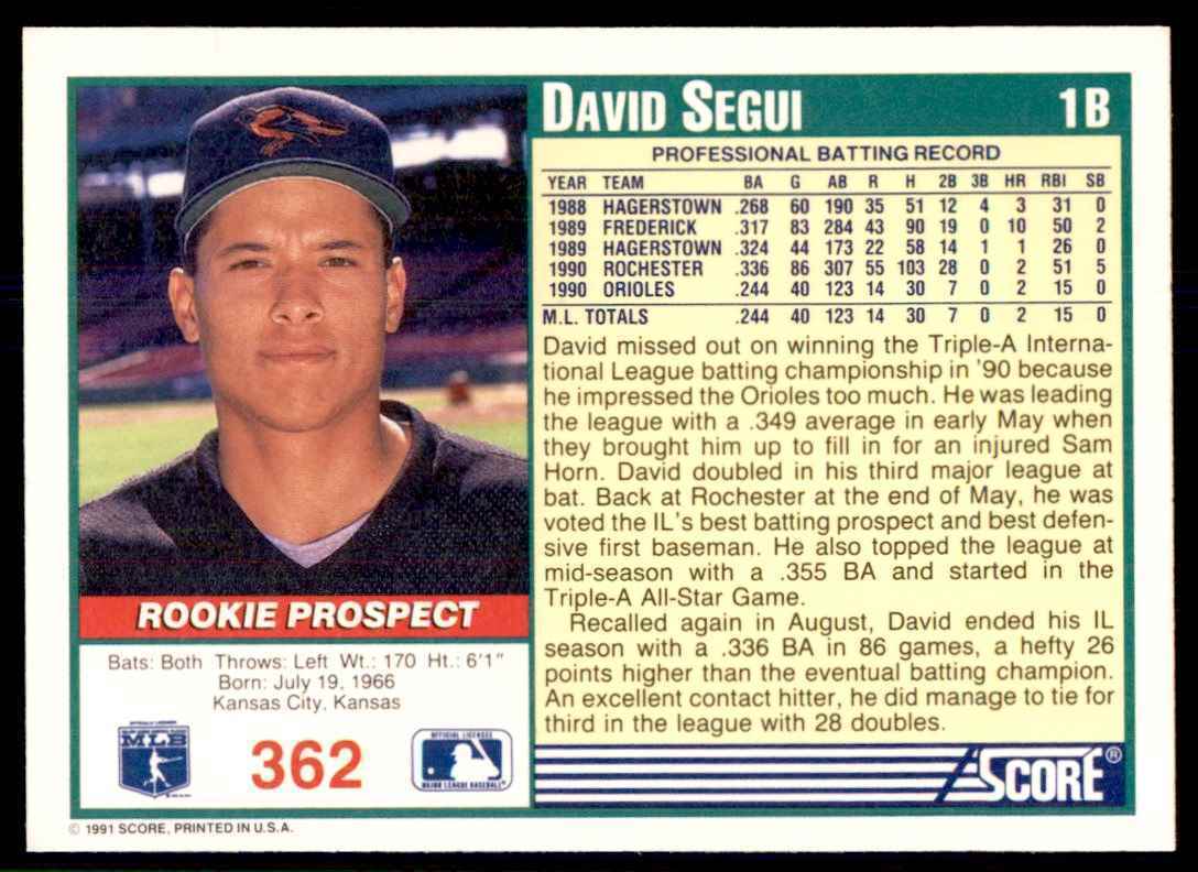 1991 SCORE DAVID SEGUI BALTIMORE ORIOLES #362