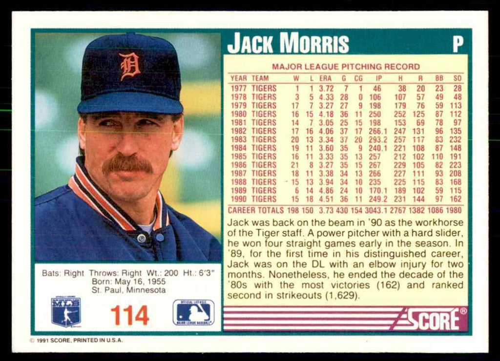 1991 SCORE JACK MORRIS DETROIT TIGERS #114