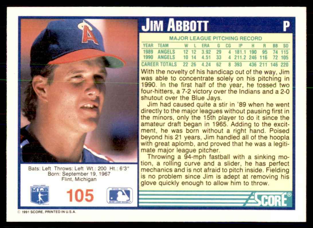 1991 SCORE JIM ABBOTT CALIFORNIA ANGELS #105