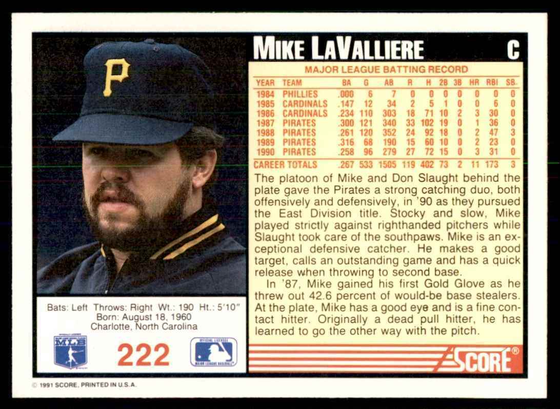 1991 SCORE MIKE LAVALLIERE PITTSBURGH PIRATES #222