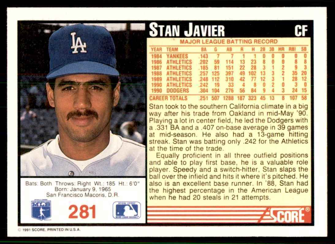 1991 SCORE STAN JAVIER LOS ANGELES DODGERS #281