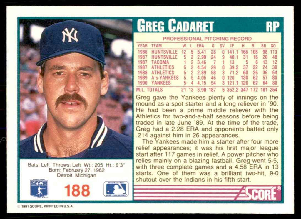 1991 SCORE GREG CADARET NEW YORK YANKEES #188
