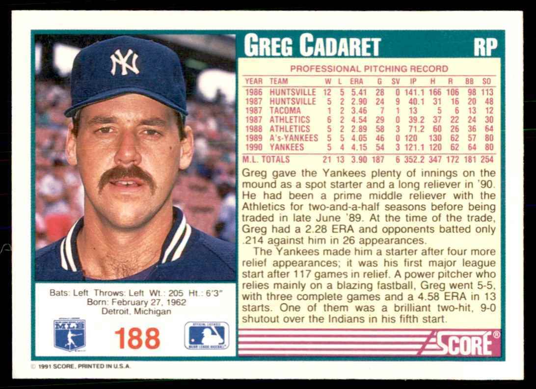 1991 SCORE GREG CADARET NEW YORK YANKEES #188