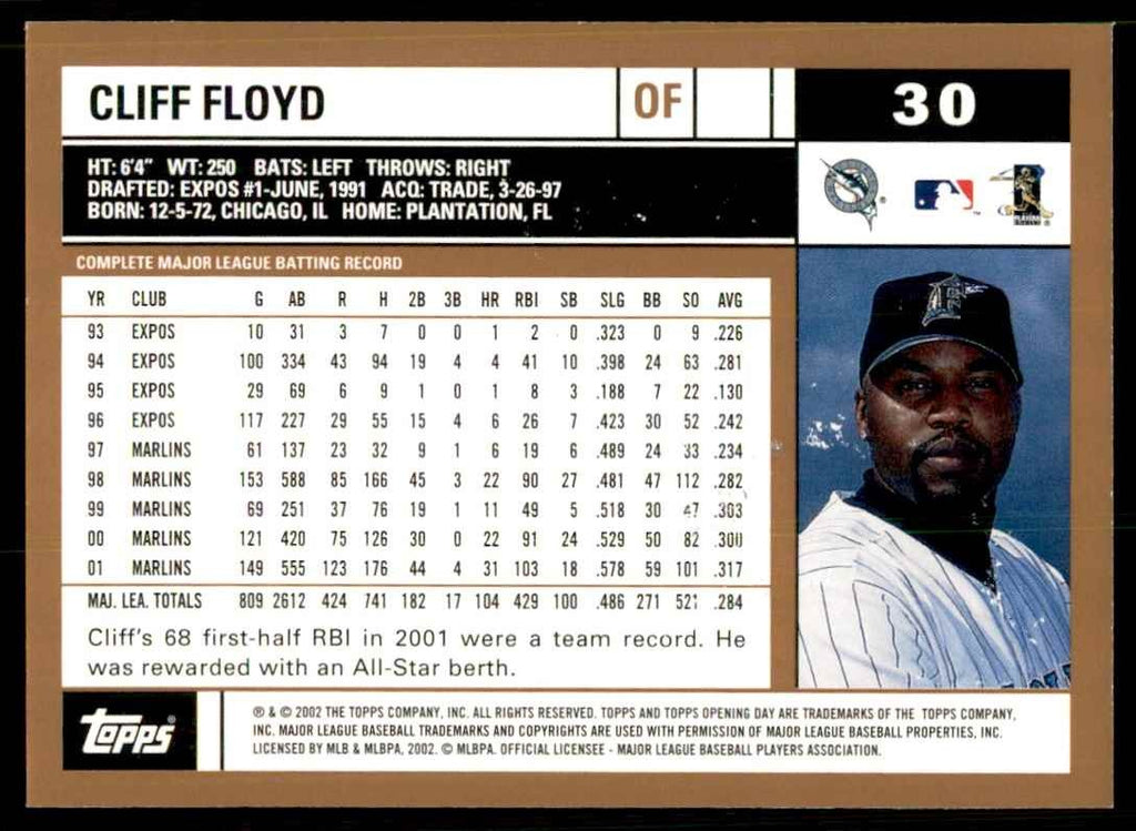 2002 TOPPS OPENING DAY CLIFF FLOYD FLORIDA MARLINS #30