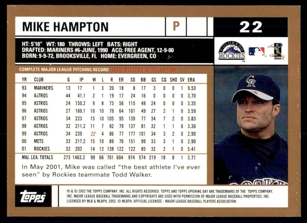 2002 TOPPS OPENING DAY MIKE HAMPTON COLORADO ROCKIES #22