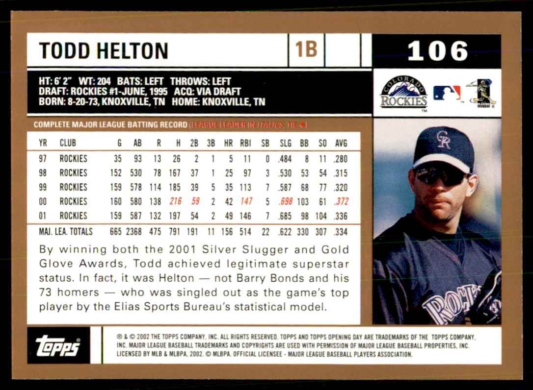 2002 TOPPS OPENING DAY TODD HELTON COLORADO ROCKIES #106