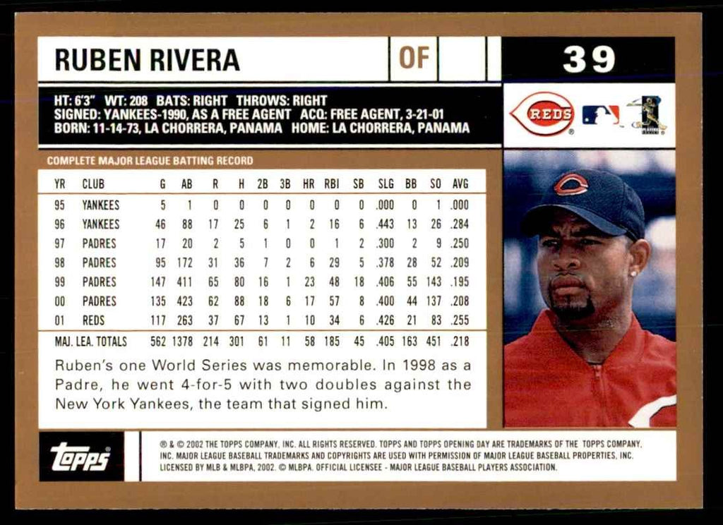 2002 TOPPS OPENING DAY. RUBEN RIVERA CINCINNATI REDS #39