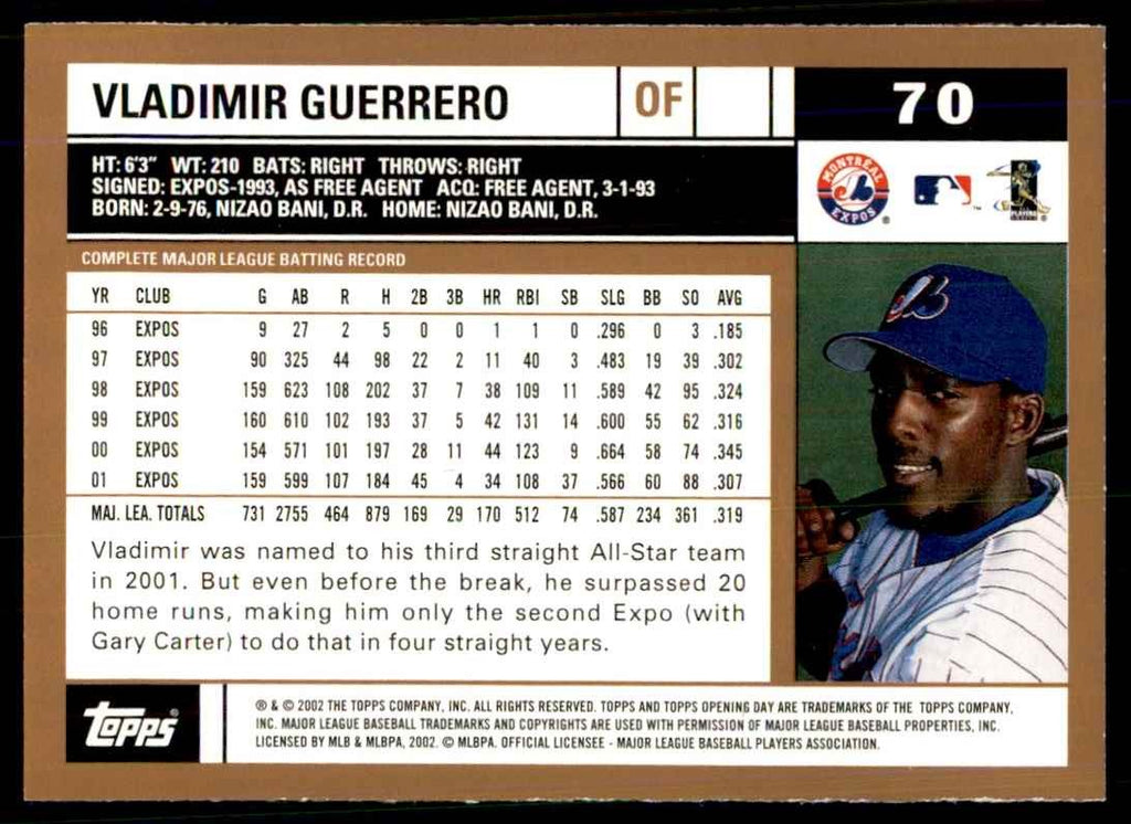 2002 TOPPS OPENING DAY. VLADIMIR GUERRERO MONTREAL EXPOS #70
