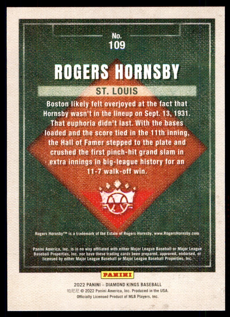 2022 PANINI DIAMOND KINGS BASEBALL ROGERS HORNSBY ST. LOUIS CARDINALS #109