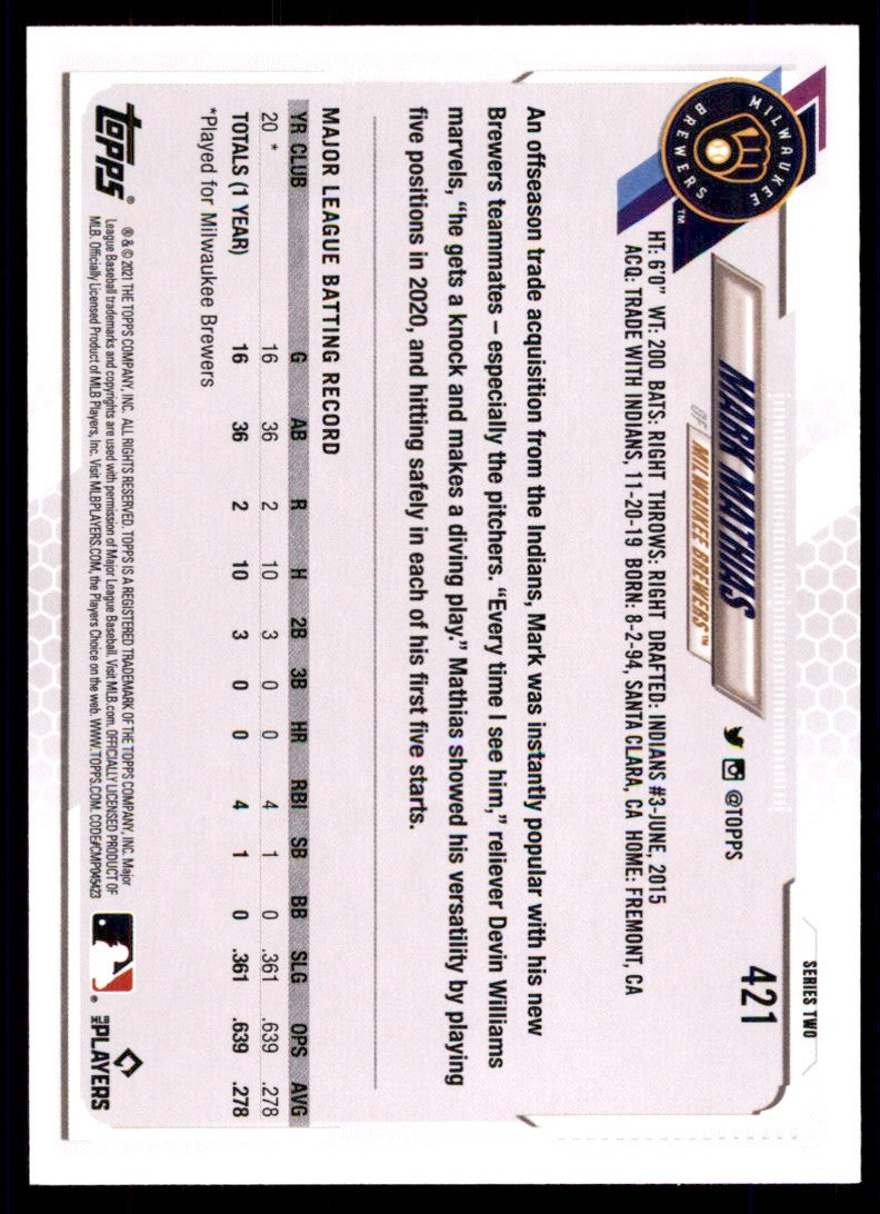 2021 TOPPS MARK MATHIAS MILWAUKEE BREWERS #421