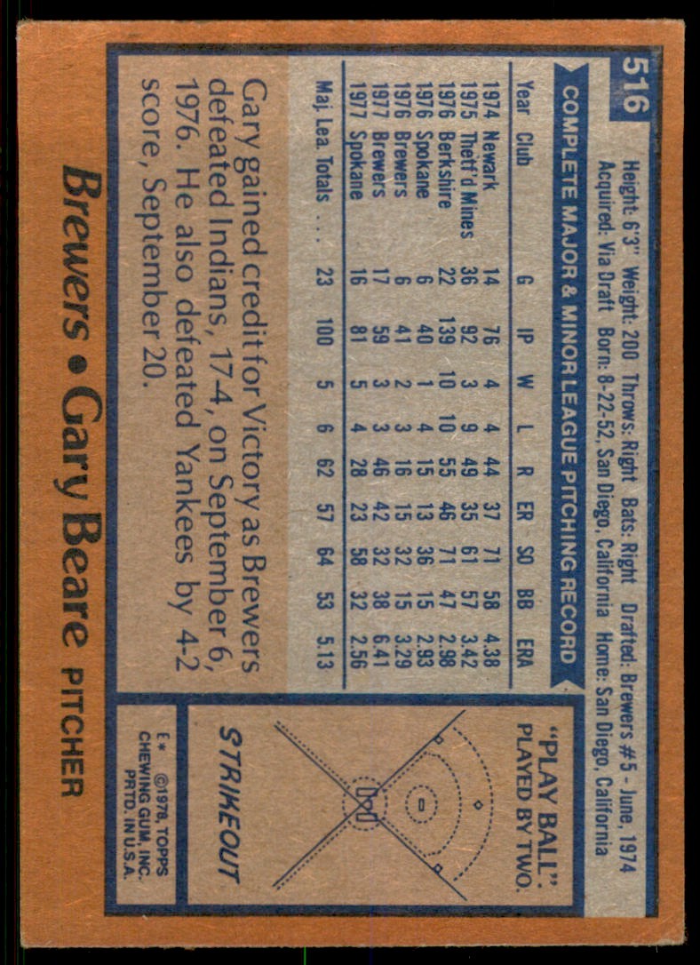 1978 TOPPS GARY BEARE MILWAUKEE BREWERS #516 (103)