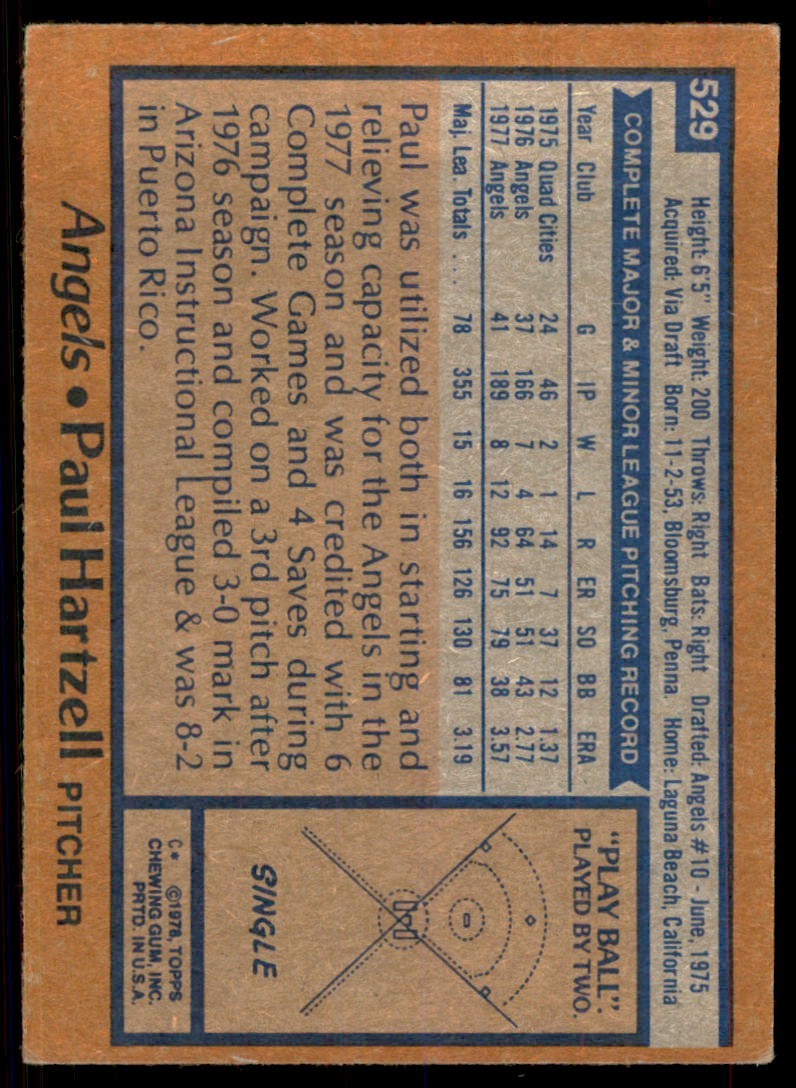 1978 TOPPS PAUL HARTZELL CALIFORNIA ANGELS #529 (105)
