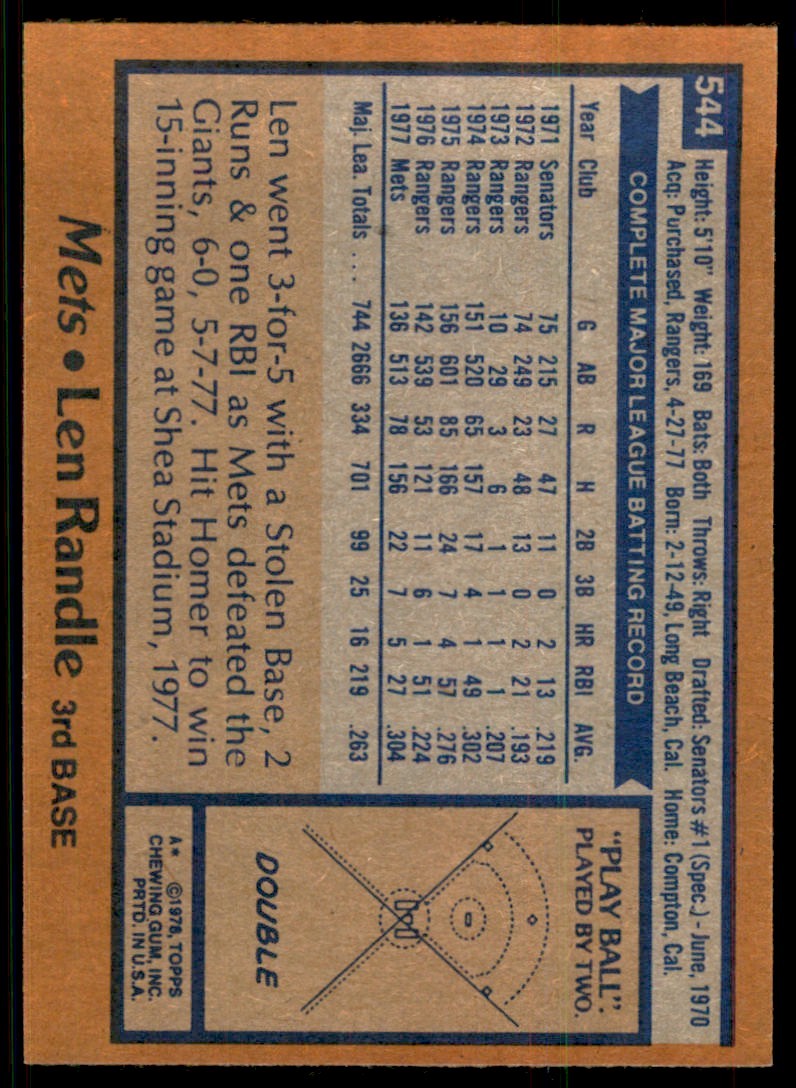 1978 TOPPS LEN RANDLE NEW YORK METS #544 (105)
