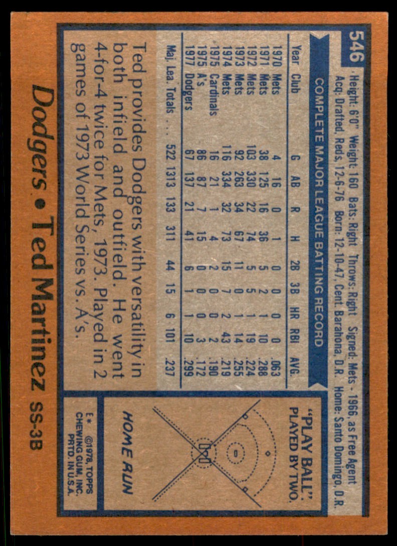 1978 TOPPS TED MARTINEZ LOS ANGELES DODGERS #546 (104)