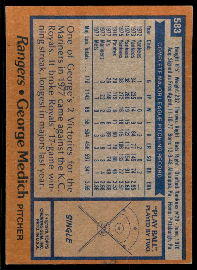 1978 TOPPS GEORGE MEDICH TEXAS RANGERS #583 (100)