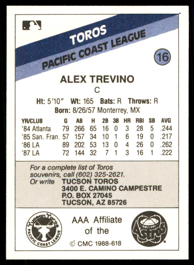 1988 CMC MINOR LEAGUE ALEX TREVINO TUCSON TOROS #16