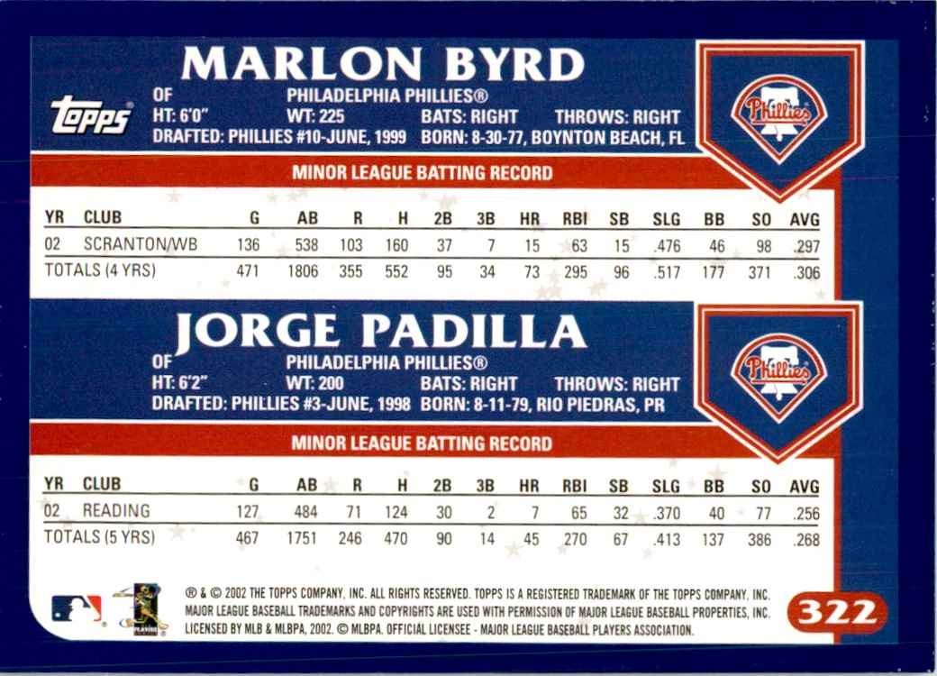 2003 TOPPS MARLON BYRD/JORGE PADILLA PHILADELPHIA PHILLIES #322