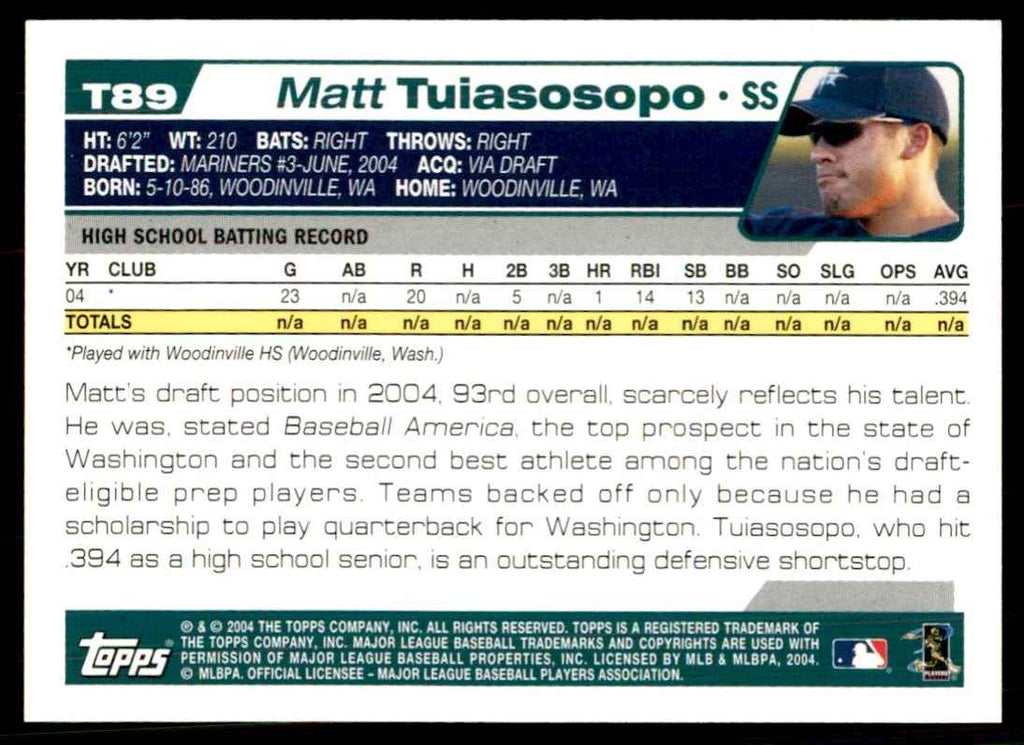 2005 Topps Traded Matt Tuiasosopo Seattle Mariners. #T89