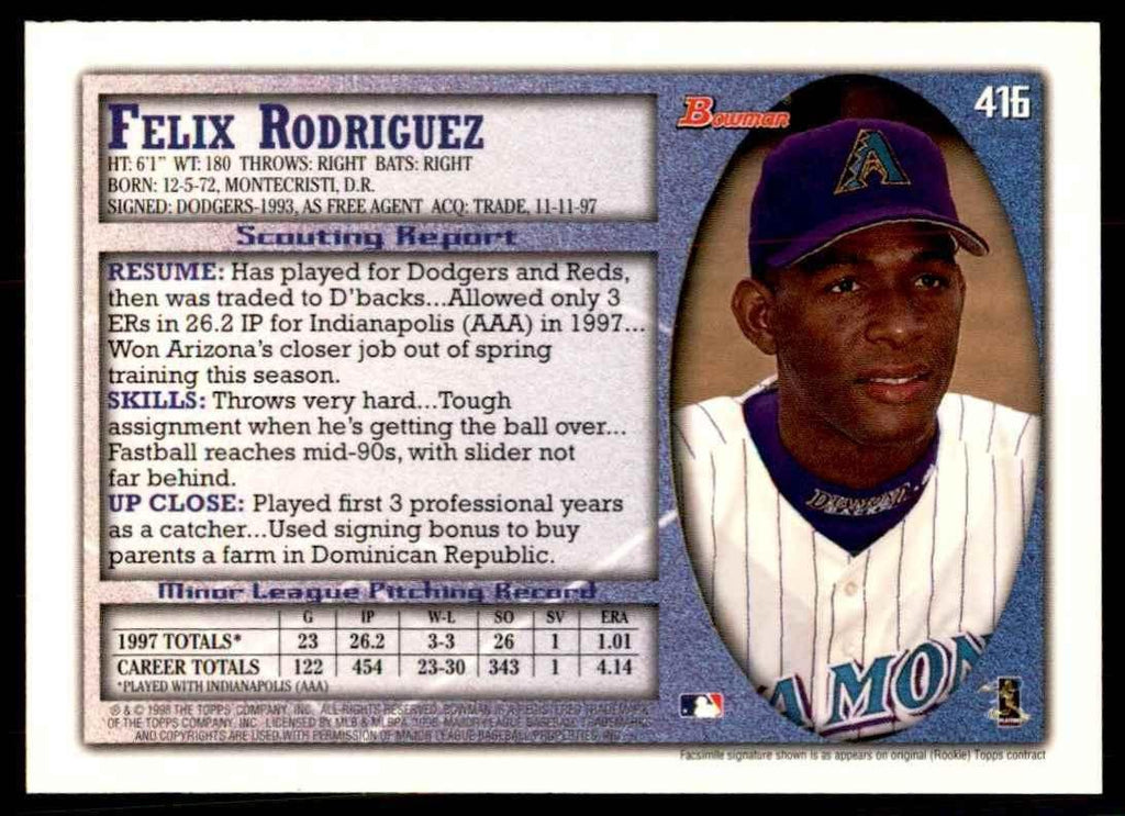 1998 BOWMAN FELIX RODRIGUEZ ARIZONA DIAMONDBACKS #416