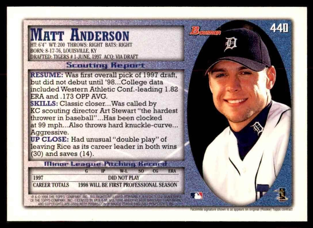1998 BOWMAN MATT ANDERSON DETROIT TIGERS #440