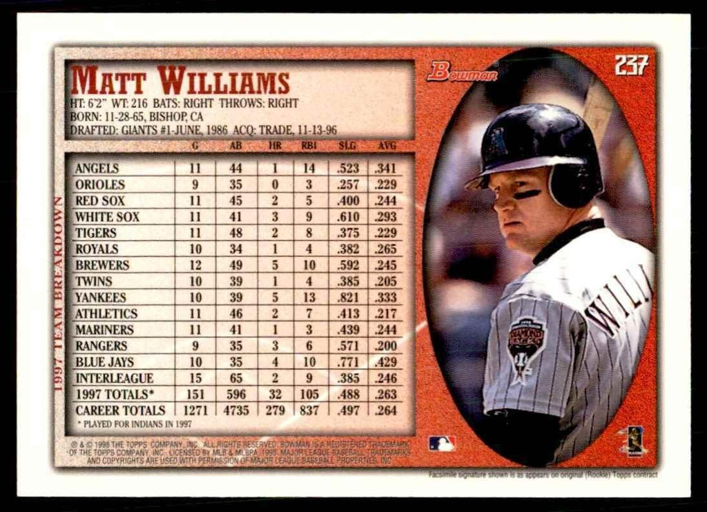 1998 BOWMAN MATT WILLIAMS ARIZONA DIAMONDBACKS #237