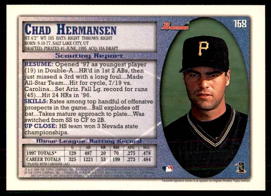 1998 BOWMAN CHAD HERMANSEN PITTSBURGH PIRATES #168