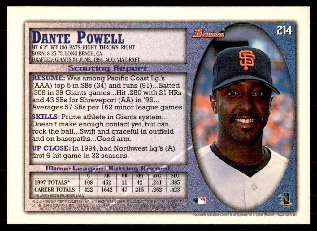 1998 BOWMAN DANTE POWELL SAN FRANCISCO GIANTS #214