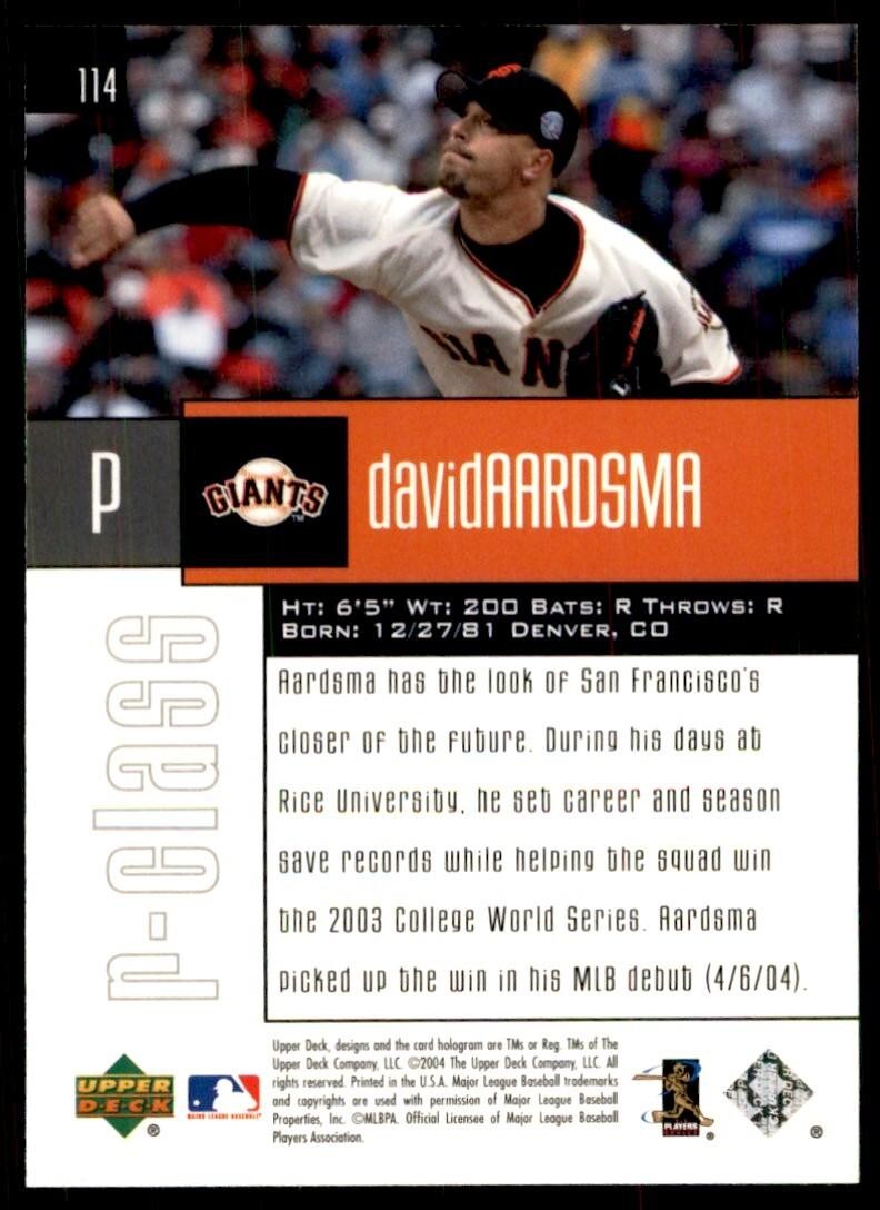 2004 UPPER DECK DAVID AARDSMA. SAN FRANCISCO GIANTS #114