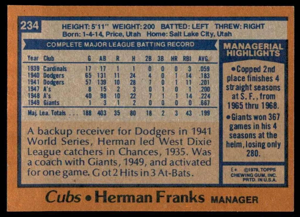 1978 TOPPS HERMAN FRANKS CHICAGO CUBS #234 (101)