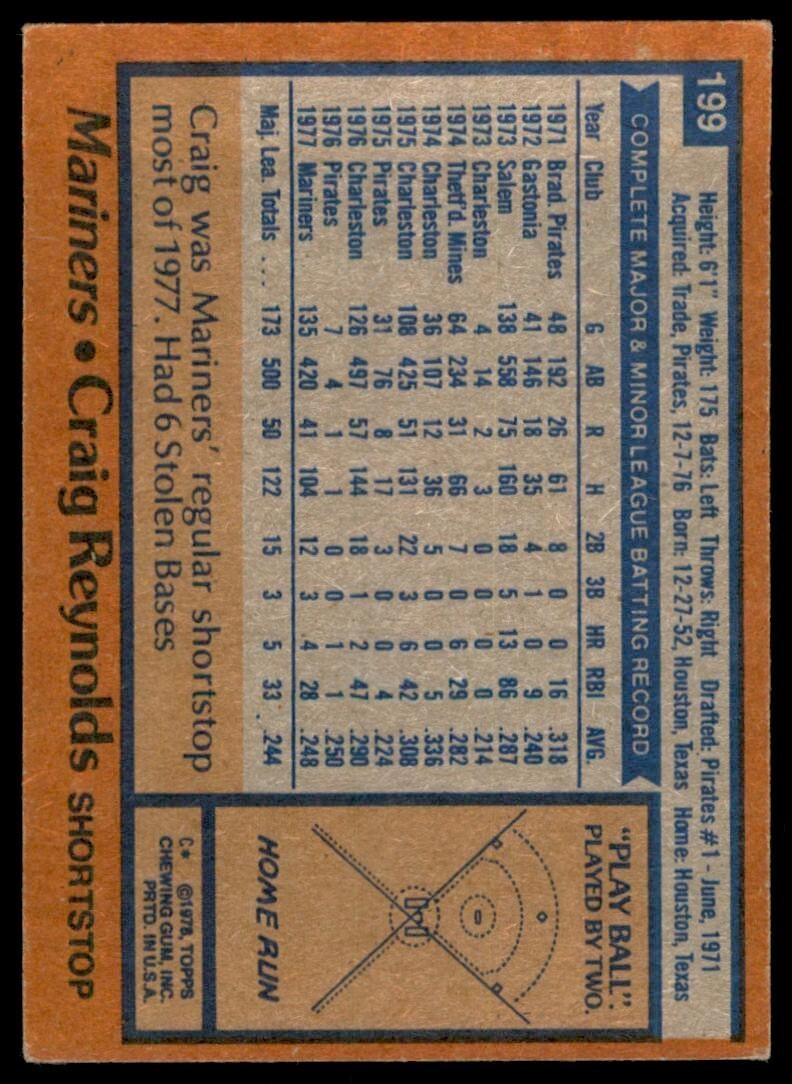 1978 TOPPS CRAIG REYNOLDS SEATTLE MARINERS #199 (100)