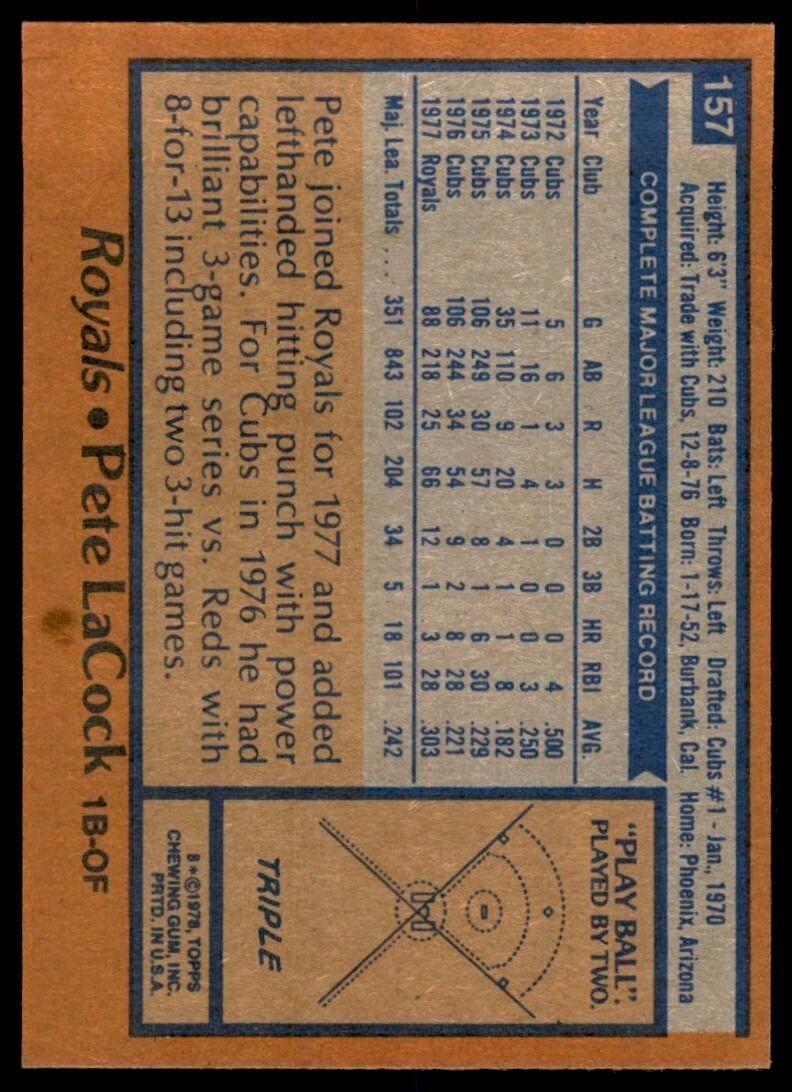 1978 TOPPS PETE LACOCK KANSAS CITY ROYALS #157 (104)