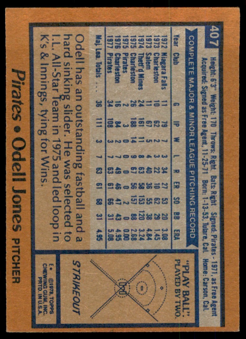 1978 TOPPS. ODELL JONES 100 PITTSBURGH PIRATES #407