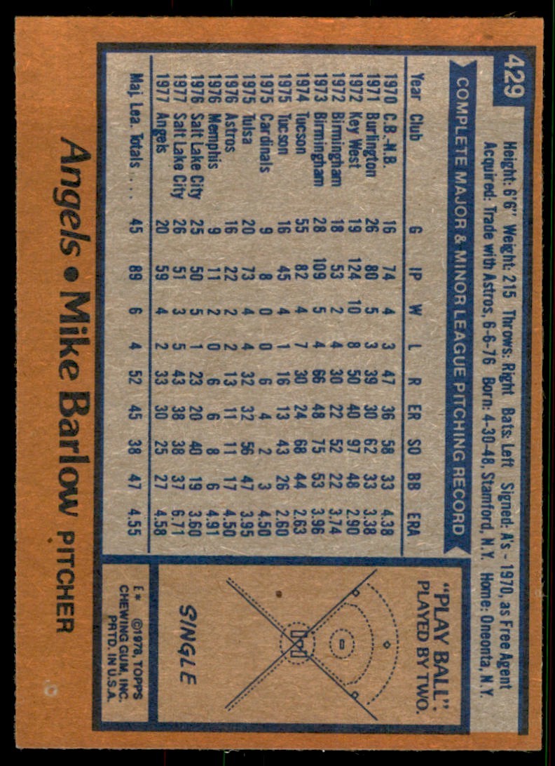 1978 TOPPS. MIKE BARLOW 100 CALIFORNIA ANGELS #429