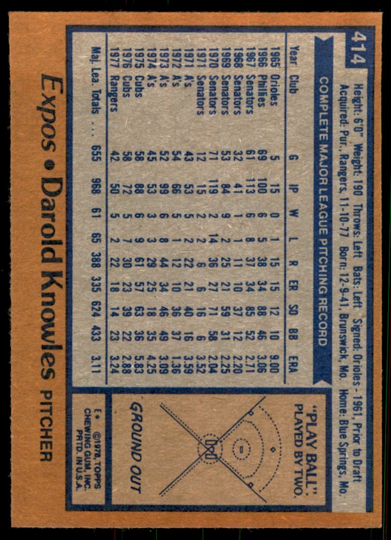 1978 TOPPS. DAROLD KNOWLES 101. MONTREAL EXPOS #414