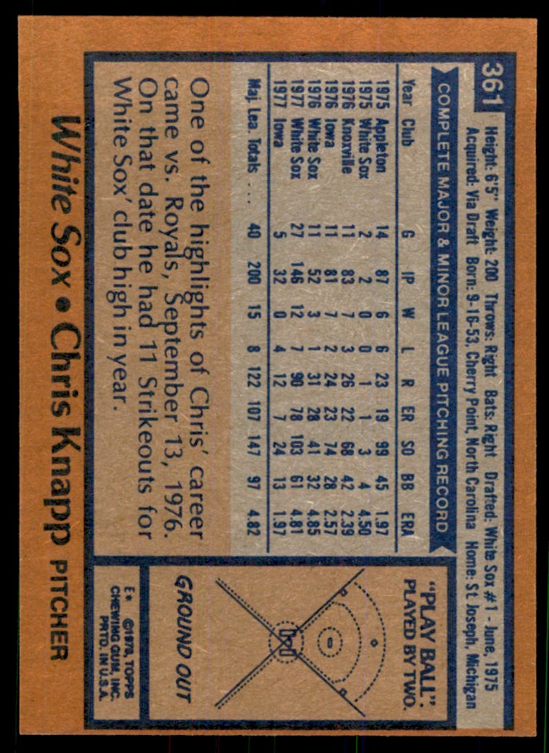 1978 TOPPS* CHRIS KNAPP 100. CHICAGO WHITE SOX #361