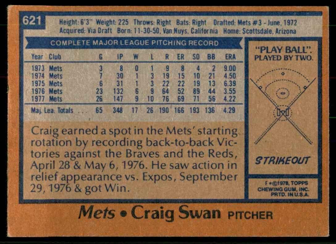 1978 TOPPS CRAIG SWAN 109 NEW YORK METS #621