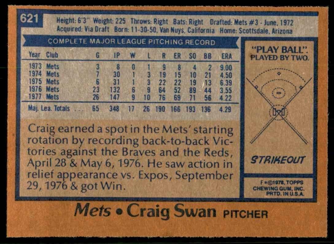 1978 TOPPS CRAIG SWAN 117 NEW YORK METS #621