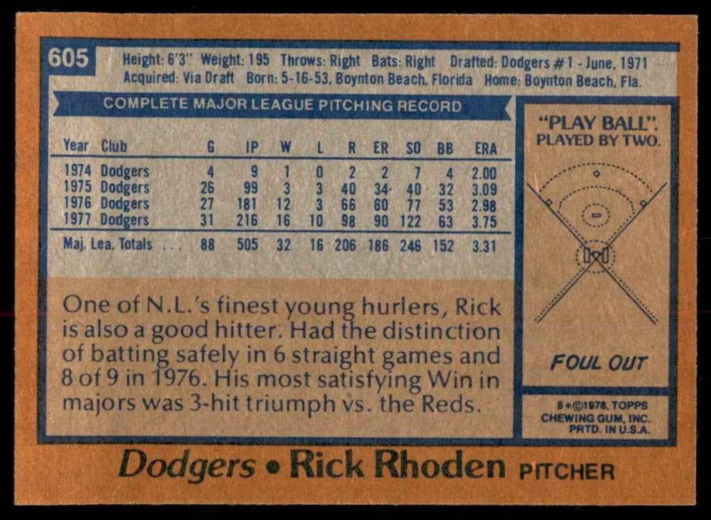 1978 TOPPS RICK RHODEN 103 LOS ANGELES DODGERS #605