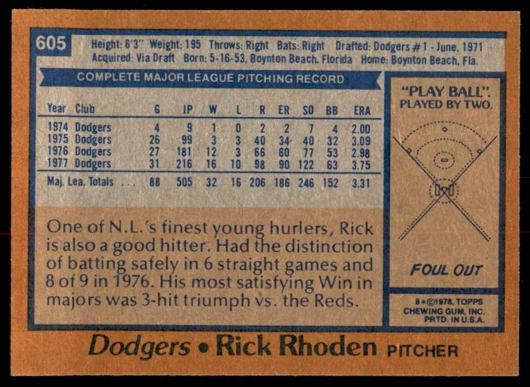 1978 TOPPS RICK RHODEN 103 LOS ANGELES DODGERS #605