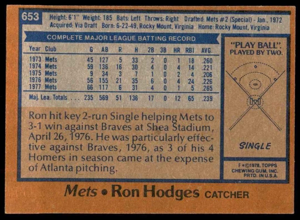1978 TOPPS RON HODGES 111 NEW YORK METS #653