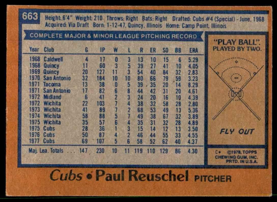1978 TOPPS PAUL REUSCHEL 100 CHICAGO CUBS #663