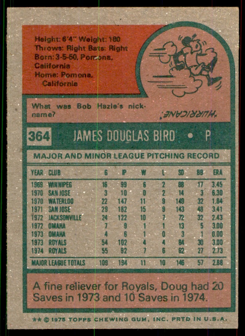1975 TOPPS: DOUG BIRD KANSAS CITY ROYALS #364
