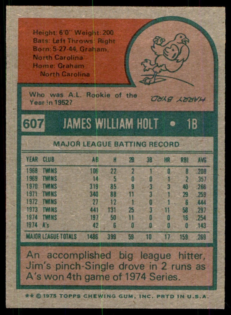 1975 TOPPS- JIM HOLT OAKLAND ATHLETICS #607