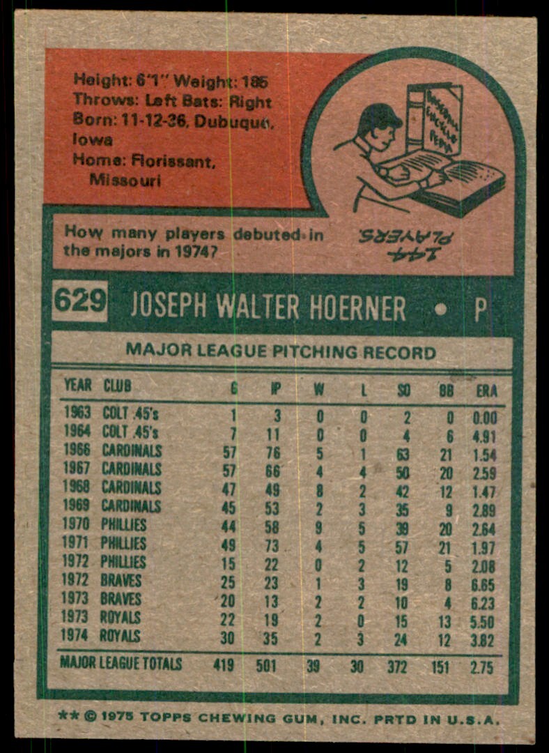 1975 TOPPS- JOE HOERNER KANSAS CITY ROYALS #629
