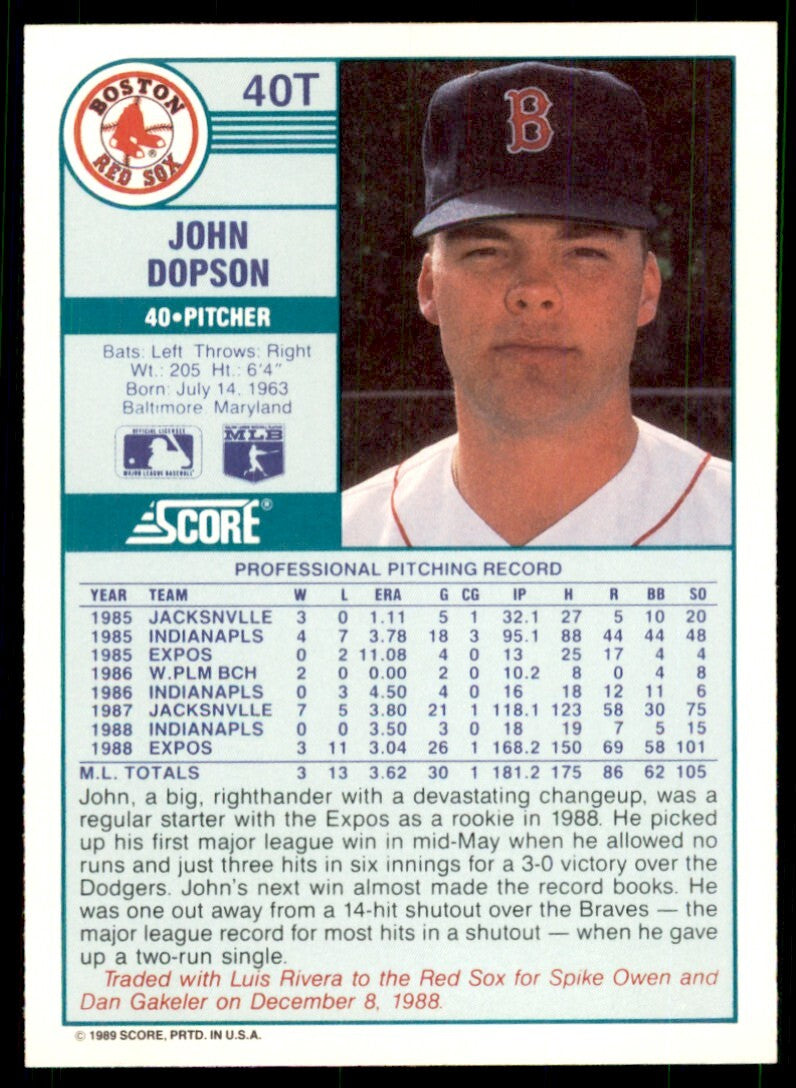 1989 Score Rookie & Traded John Dopson Boston Red Sox #40T