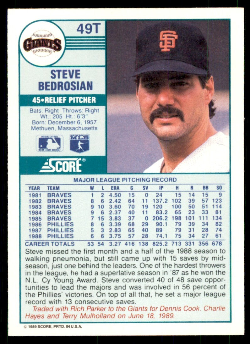 1989 Score Rookie & Traded Steve Bedrosian San Francisco Giants #49T