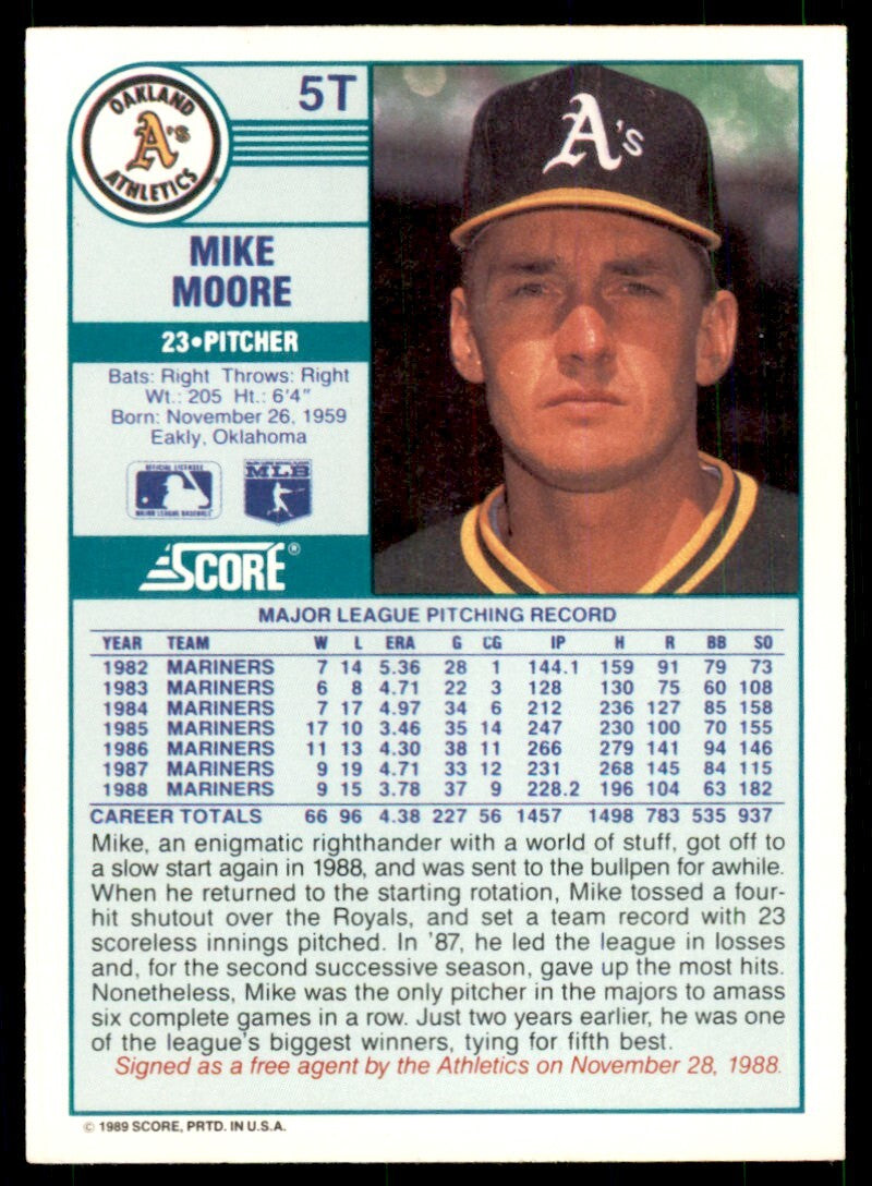 1989 Score Rookie & Traded Mike Moore Oakland Athletics #5T