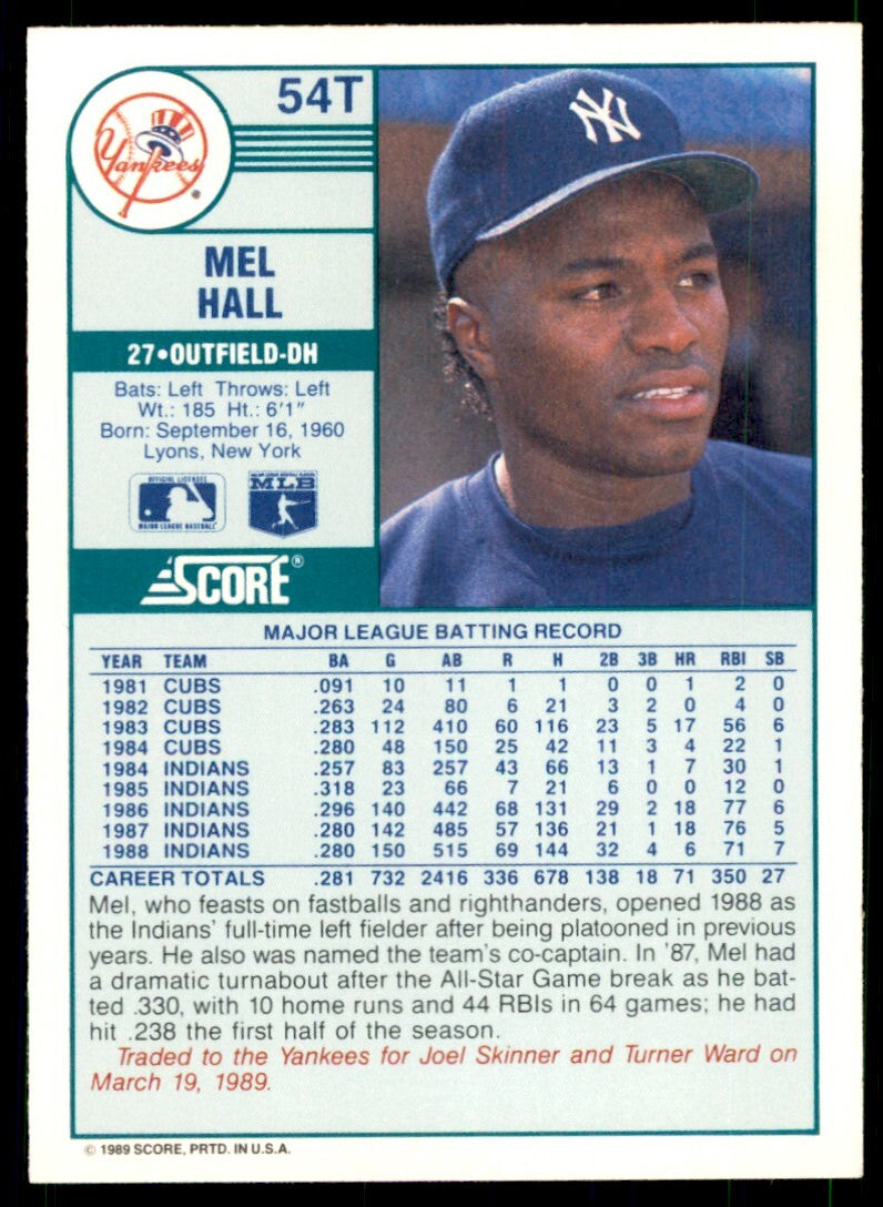 1989 Score Rookie & Traded Mel Hall New York Yankees #54T
